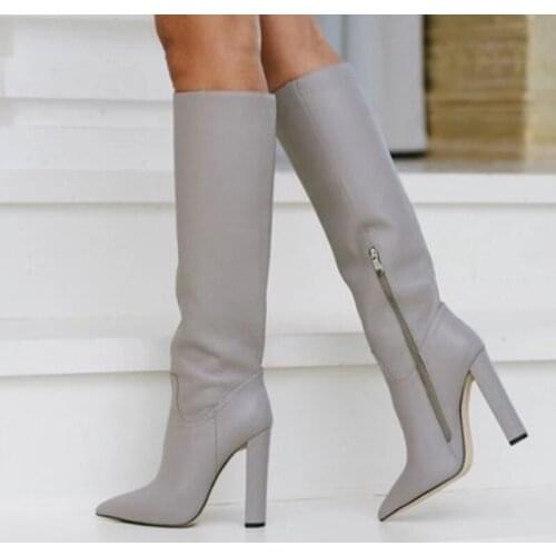 Newest Matte Leather Thin High Heels Pointed Toe Zipper Tight Knee High Boots Brown Black Gray Leather Tall Boots Designer Shoes