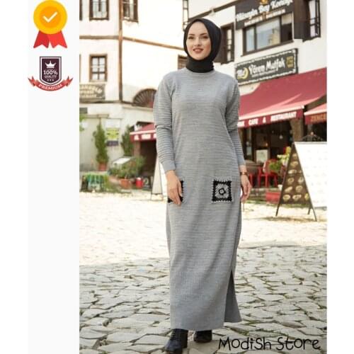 Tricot Knit Pocket Detailed Dresses For Women 2021 Turkey Dubai Abaya Kaftan Marocain Muslim Dresses Muslim Fashion Islamic