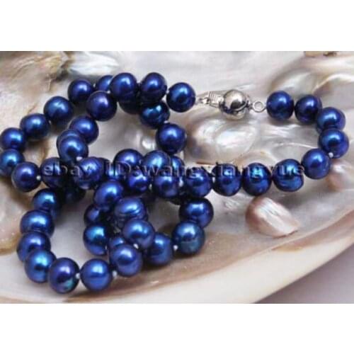 Jewelry Pearl Necklace Fashion 8-9mm Real Blue akoya cultured pearl necklace 17" Free Shipping