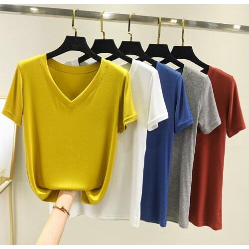 T-shirt 2020 Summer New Modal Thread V-neck Womens Solid Color Short-Sleeved Tops Outfits Bottoming T shirt