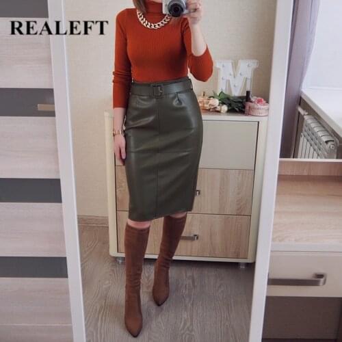 REALEFT 2021 New PU Leather Wrap Midi Skirts with Belt Spring Autumn Women High Waist OL Style Pencil Back Split Skirts Female