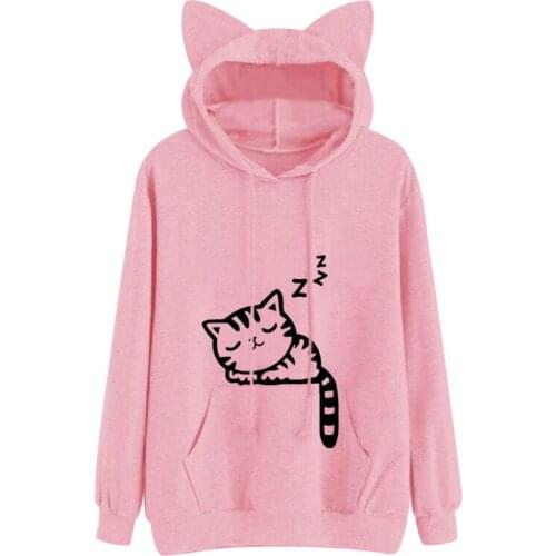 Harajuku Women Hoodies Sweatshirt Moletom Hooded Sweatshirts Cat Pattern Long Sleeve Winter Kawaii Pink Casual Pullovers Animal