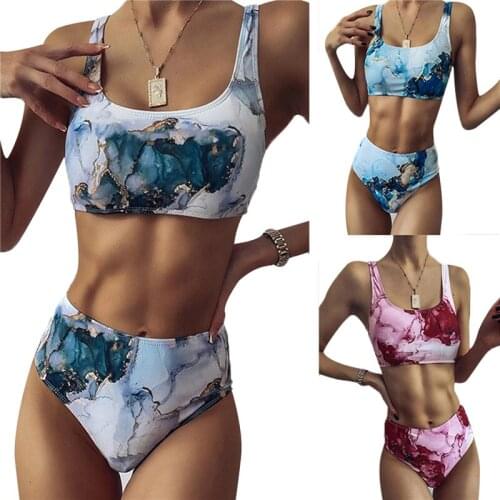 Womens Sexy Sleeveless Swimwear Classic Printing Bare Midriff Bikini Tank Tops Briefs Two-pieces Swimsuit Tankini Women Biquini