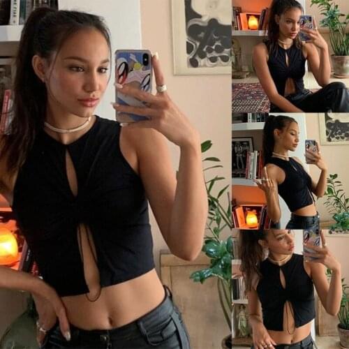 Null Women Summer Sleeveless O-Neck Crop Top Sexy Hollow Out Keyhole Split Front Slim Vest Ruched Drawstring Casual Tee Shirt