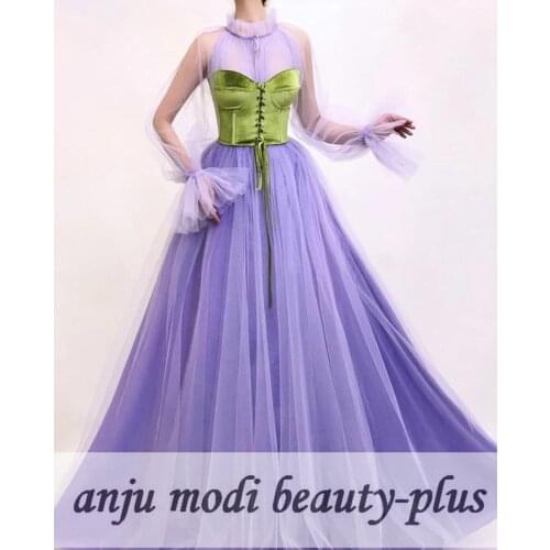 2021 Lilac Long Sleeves Prom Dresses O Neck Long Tulle Formal Evening Party Ball Gown Robe De Soiree