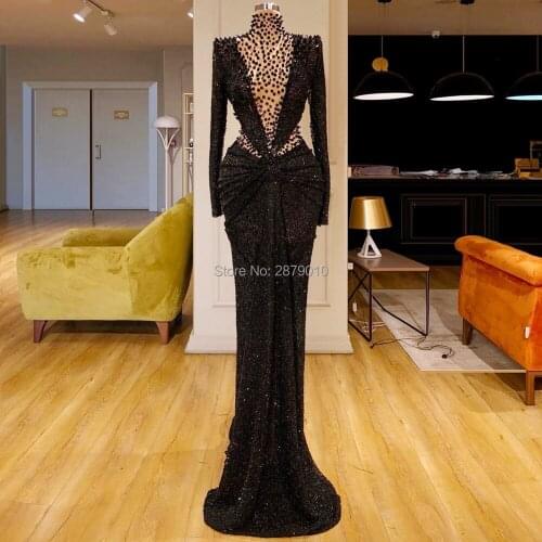 Islamic Hot Sale Black High Neck Mermaid Evening Dress Tulle Beaded Metal Spraying Sequins Floor-Length Prom Party Dress Dubai