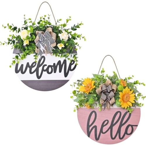 Welcome Sign with Bow-knot Front Door Flower Wreath Artificial Leaves Wedding Spring Summer Outdoor Indoor Wall Farmhouse Decor