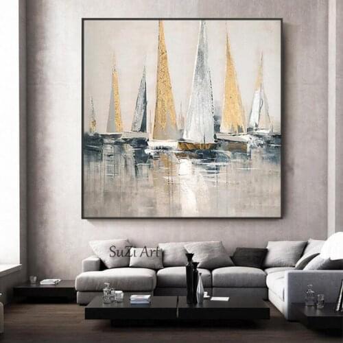 100% Hand Painted Sailing Boat On The Sea Canvas Oil Painting posters Modern Abstract minimalist Wall Art For Home Decoration