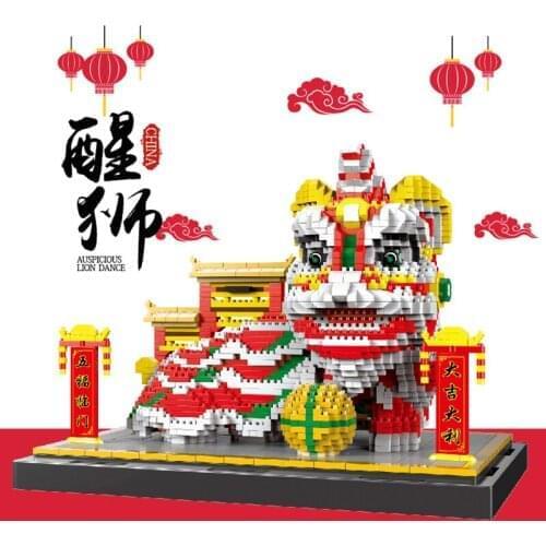 3008Pcs+ China Lion Dance Micro Building Blocks Chinese Traditional Culture 3D Model Diamond Mini Bricks Toy for Children Gift
