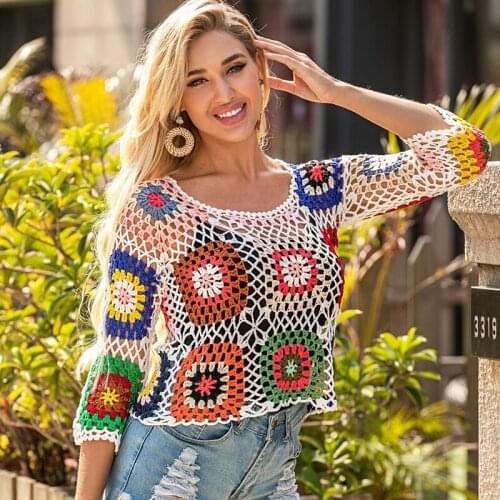 Hollow out O-neck Crochet Jumper Handmade Slouch Knit Joint Patchwork Rainbow color Summer sweater Bohemian Girl see-through Top