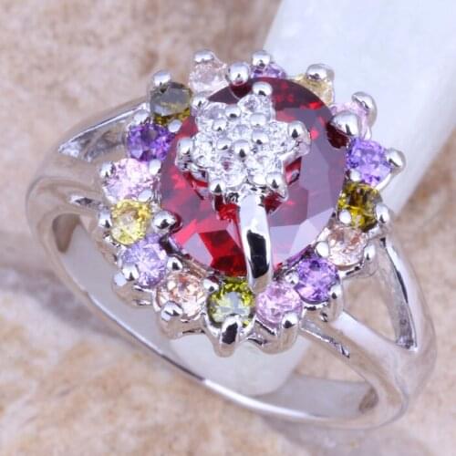 Valuable Multigem Multicolor Garnet Silver Plated Womens Flower Jewelry Ring Size 6 / 7 / 8 / 9 R1180