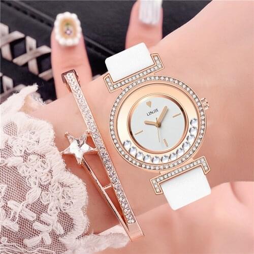 Women Moving Diamond Watches Luxury Ladies Leather Strap Quartz Wristwatches Montre Femme