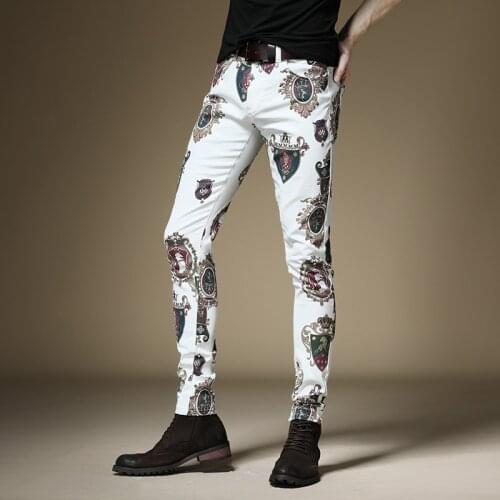 Royal Crown Printed Jeans Skinny Jeans Homme Fashion Fancy White Stretchy Jeans Party Club Baroque Denim Trousers