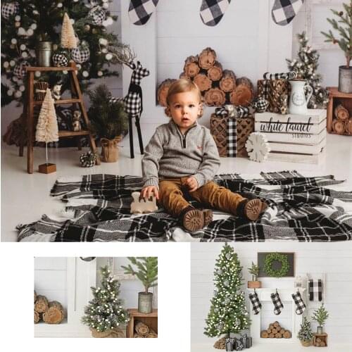 Christmas Wood wall Backdrop Christmas Tree Fireplace Wreath Photography Backdrops White wood Parrty Socks Background Photobooth