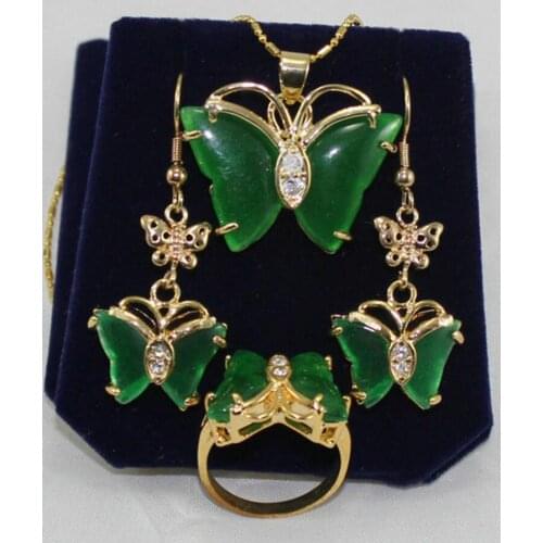 Hot sell new - beautiful gold plate green jade Butterfly earrings pendant ring size 7 8 9