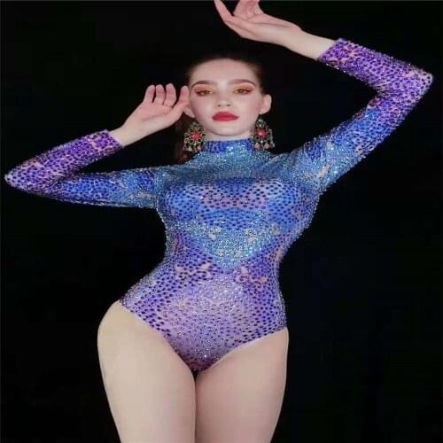 H110 Show Singer Pole Dance Tight Party Elastic Stretched Diamond Drilling Chain Long Sleeve Costume Pearls Sexy Catwalk Leotard