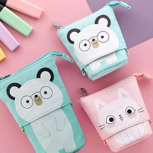 Canvas Telescopic Pencil Case Cartoon Zipper Pencil Pouch DualUse Stand Pen Case 24BB