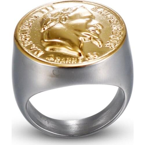 Megin D Punk Personality Golden Napoleon Titanium Steel Rings for Men Women Couple Family Friend Fashion Design Gift Jewelry