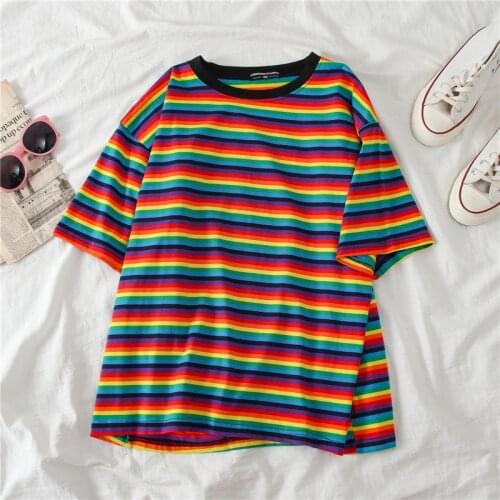 Minimalist Short Sleeve Women clothes Vogue Tops tee shirt couple clothes tshirt top Sweet Rainbow Stripe Women Summer T-Shirt