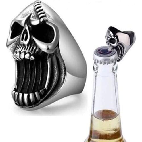 Fashion Silver Color Skull Head Bottle Opener Ring for Men Male Index Finger Ring Creative Jewelry