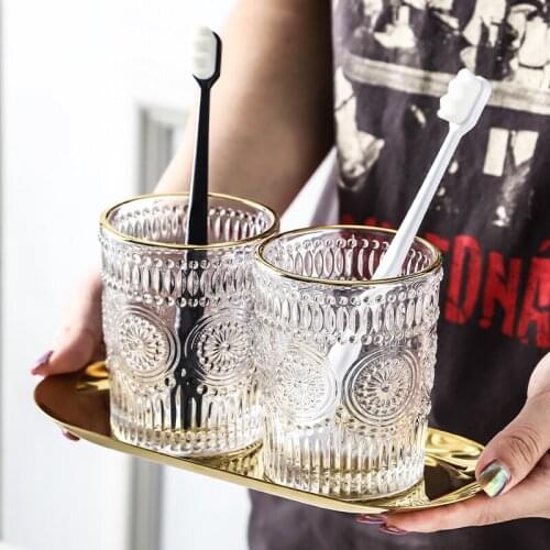 European-style Clear Glass Mouthwash Cup Set Sun Flower Embossed Wash Cup 3pcs Couple Toiletries Bathroom Decoration Accessories