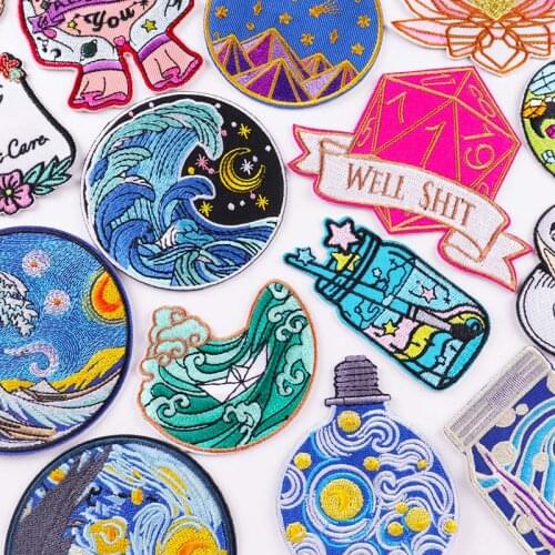 Van Gogh Embroidered Patches on Clothes DIY Cartoon Wave Applique Clothing Thermoadhesive Patches for Clothing Stickers Badges