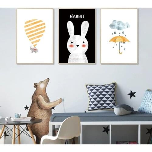 Baby Nursery Wall Art Poster Cartoon Animal Rabbit Elephant Balloon Canvas Painting Nordic Kids Bedroom Decoration Picture