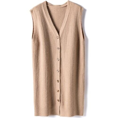 Solid Color Loose Long Coat Female Autumn Sleeveless Knitted Vest Women Korean Fashion V-Neck Ladys Sweater Casual Cardigan