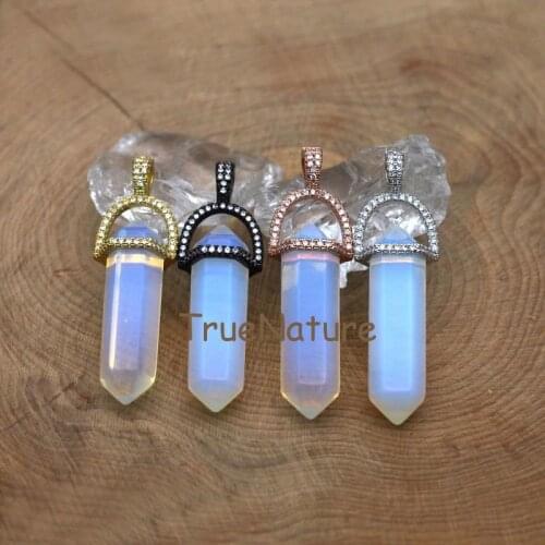 Opal Healing Crystal Point Pendant Opalite Stone Jewelry Gold Electroplated Micro CZ Paved Beads Pendant In 45*10 mm PM7399