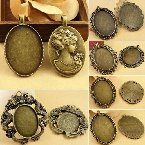 4pcs/lot Oval Alloy Pendant Blank Settings Cabochons Bases Bezel Trays Fit 30x40mm Cabochon Cameo DIY Necklace Jewelry Making