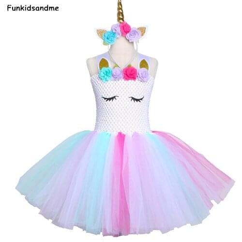 Girls Pastel Unicorn Tutu Dress Flower Girl Birthday Party Dress Kids Fancy Dress for Children Purim Christmas Halloween Costume