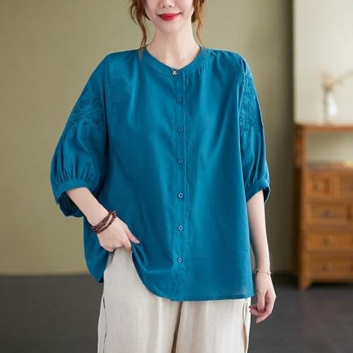 Oversized Women Cotton Linen Casual Shirts New 2021 Summer Vintage Style Floral Embroidery Loose Female Half Sleeve Tops B721