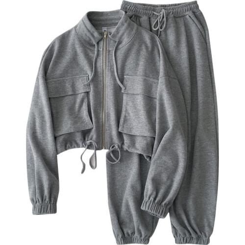 Sports 2 Piece Tracksuits Casual Set Women Loose Zipper Big Pocket Sweatershirts Tie Leg Long Pants Set Fashion Autumn Suits