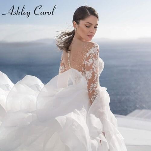 Ashley Carol Long Sleeve Wedding Dress 2021 Illusion Scoop Backless Ruffles A-Line Bride Dresses Beaded Appliques Vestido Noiva