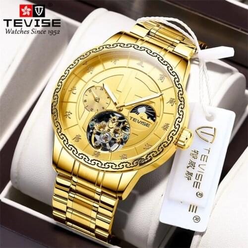 Tourbillon TEVISE Automatic Mechanical Watch Men Luxury Mens Watch Waterproof Stainless Steel Moon Phase Male Clock 2021