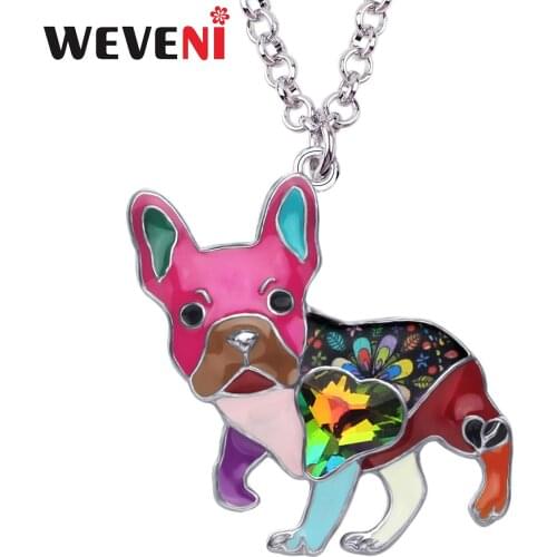 WEVENI Enamel Alloy Rhinestone French Bulldog Pug Dog Necklace Pendant Fashion Animal Jewelry For Women Girls Pet Lovers Gift