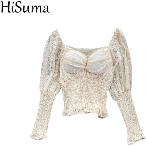 2020 Autumn Women Flare Sleeve Slash Neck Ruffles Shirt Lady Lace Flower Short Elastic Slim High Waist Pullover Chic Blouse Tops