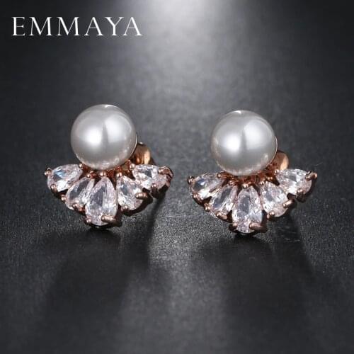 EMMAYA Brand Elegant White Flower Imitation Pearl Cz Stud Earrings For Women Cute Fashion Crystal Jewelry