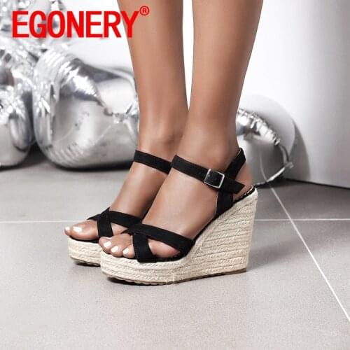 EGONERY summer New Style Women Leisure Slope Heel Sandals Concise Comfortable lovely sweet office lady Suede Solid color