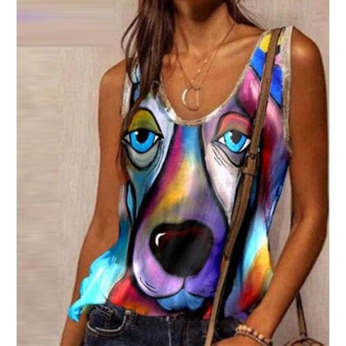 Plus Size Women Loose Sleeveless Abstract Top Pullover T Shirts Vest Fashion Floral Print O Neck Camisole Summer Shirt Clothing