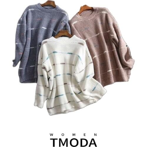 TMODA 2021 Za Autumn Winter Loose Casual Sweater Patch Work Pull Femme Knitted Pullover Long Sleeve Long Top Women