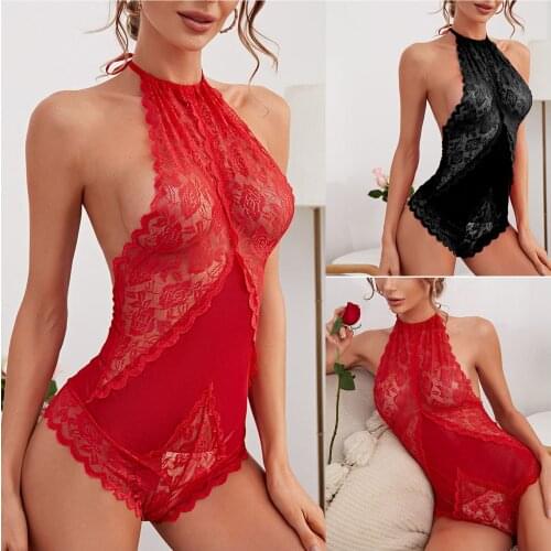 Womens Sexy Lace Bodysuit Female Sex Sexy Halter Lace Splicing Underwear Net Yarn Pajamas Bodysuit боди женское кружевное