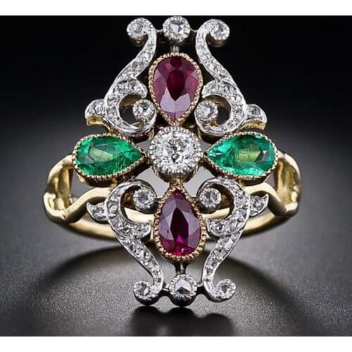 USTAR Vintage Retro Hollow Flower gold rings for women Shiny Colors Cubic Zirconia Carving Finger rings female jewelry anel