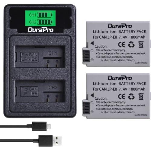 2pc 1800mAh LP-E8 LP E8 Li-ion Camera Battery + LCD Dual USB Charger with Type C Cable For Canon EOS 550D 600D 650D 700D