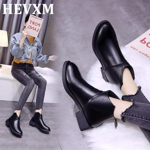 HEVXM 2020 Ankle Round Toe Fashion Concise Women Chelsea Boots Low Square Heel zipper Vintage Motorcycle Boots PU Solid Shoes