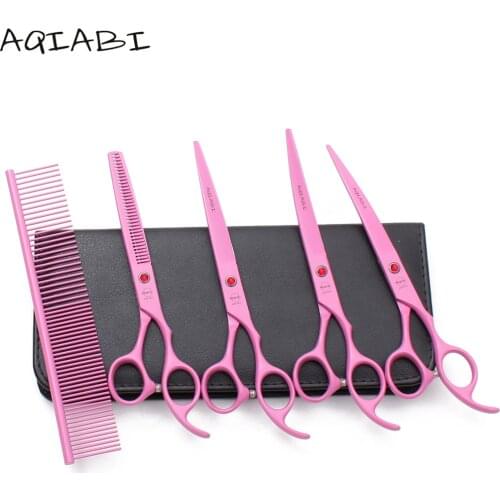 A3103 5Pcs Suit 7" AQIABI Dog Grooming Scissors Add Bag Straight Scissors Thinning Shears Up&Down Curved Shears Pet Scissors Set