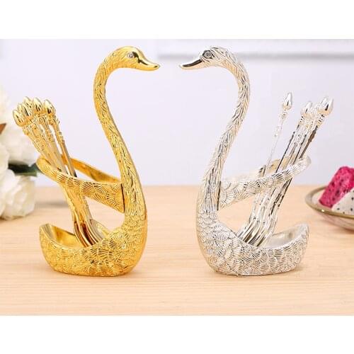 7Pcs Swan Fruit Base Holder Forks Set Stainless Steel Salad Dessert Forks Coffee Spoon Cake Tableware Zero Waste Talher Flatware