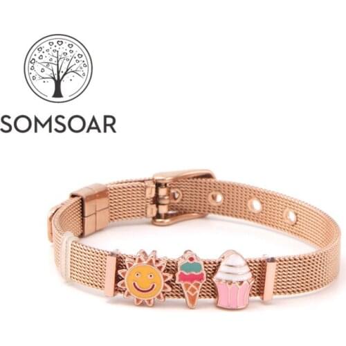 Drop shipping Somsoar Jewelry 8mm Width Rose Gold toddler Kids Sweetmeats Slide Charm Mesh Bracelet set for Christmas Gift