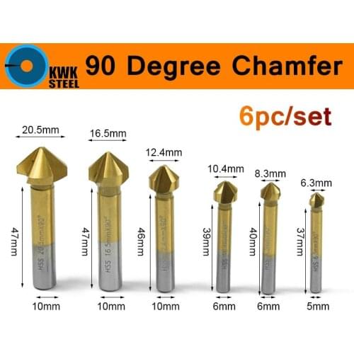 Chamfer Countersink Bits HSS 90 Degree Wood Chamfering Cutter 6pc/set High Speed Steel End Mill Cutter Bit 6-19mm Titanium Coat