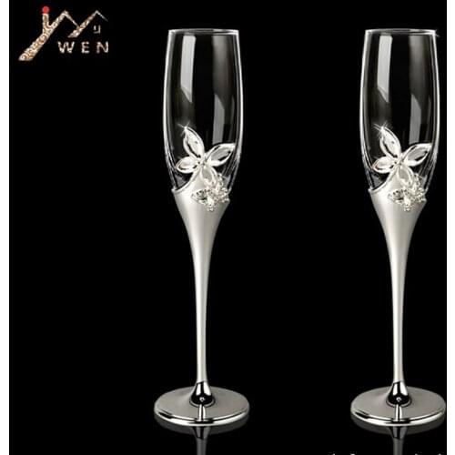 Top rated European style silver plated metal champagne glass, metal toast flute for weddings or party use, wine glass